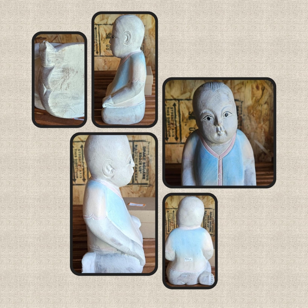 Vintage Asian Wooden Boy Statue Figurine